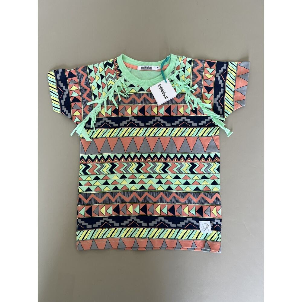 Indikidual Fringe Tee Kids 6/7Y Green Chili Patterned Short Sleeve